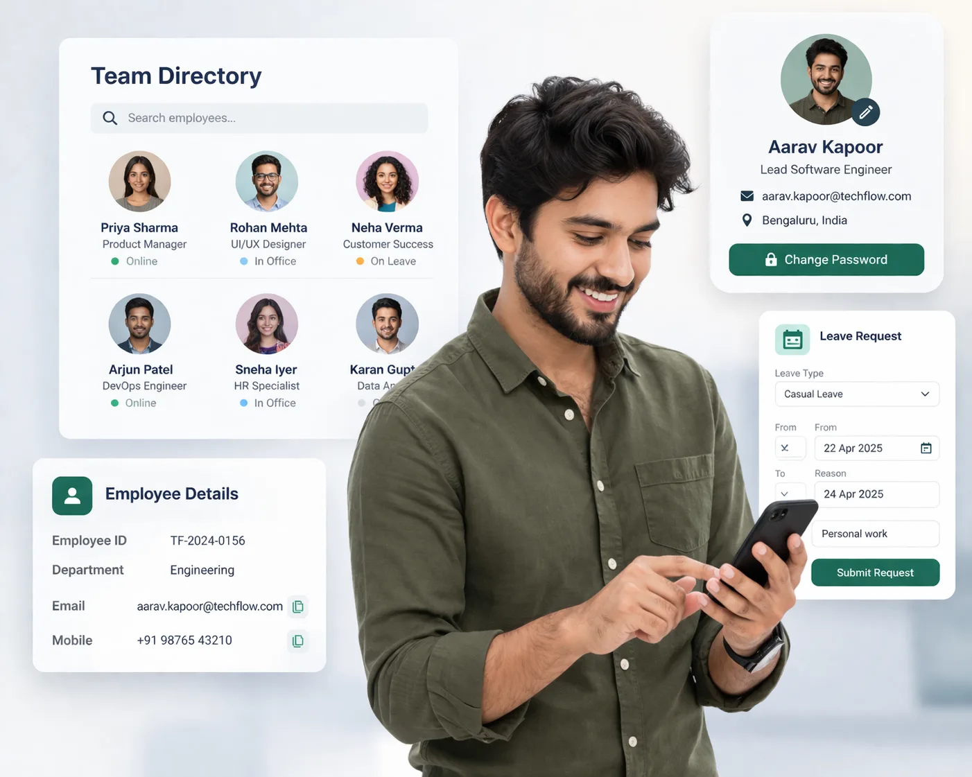 RapBooster HRMS HR management dashboard showing employee profiles and workforce data