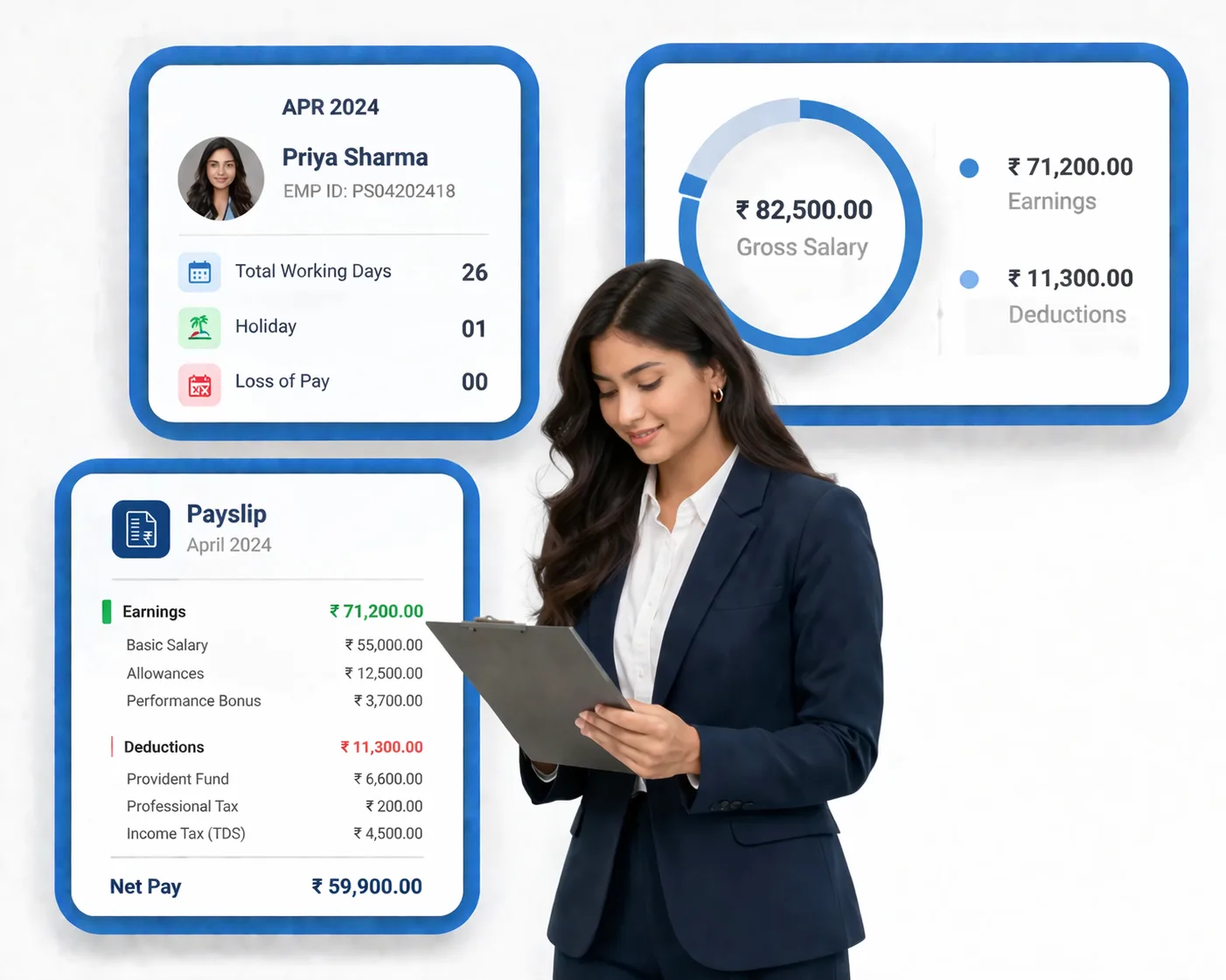 Automated payroll management with salary components, payslip generation, and pay cycle configuration
