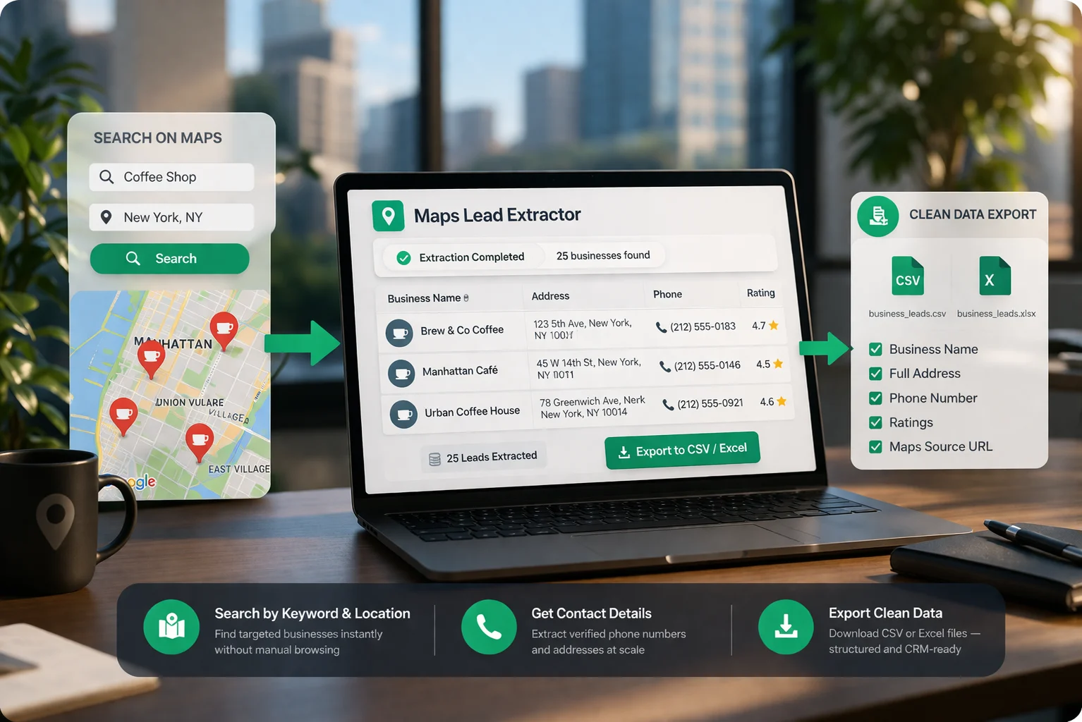 Google Maps scraper extracting business listings by keyword and location