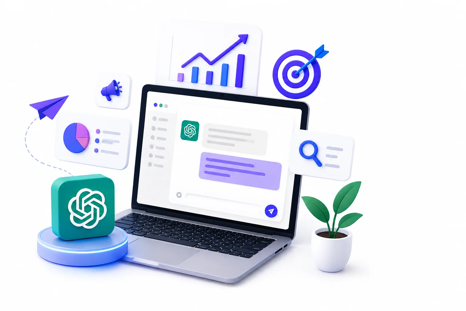 A laptop running ChatGPT surrounded by campaign reporting, targeting and growth icons