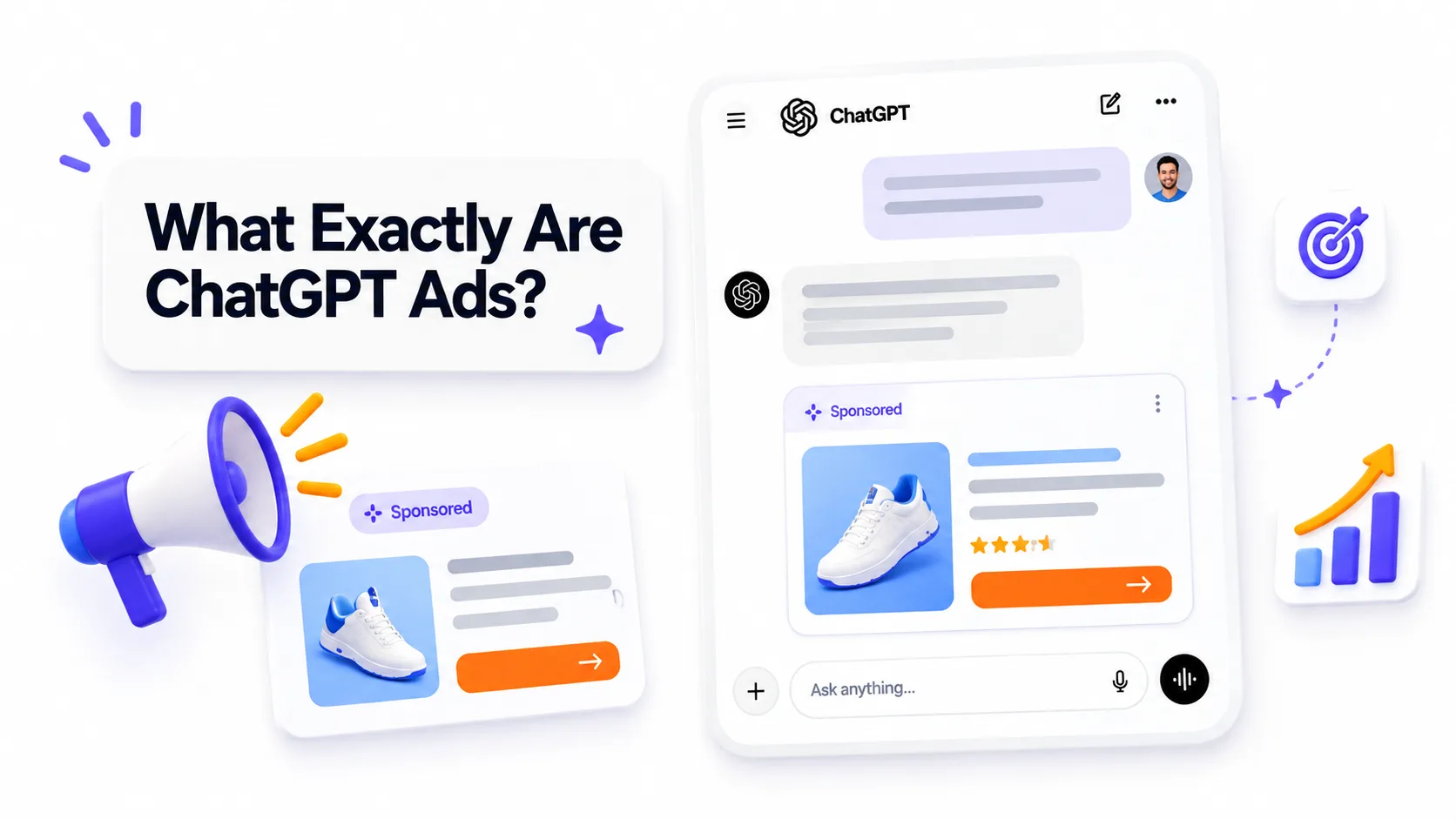 A sponsored product card shown inside a ChatGPT conversation alongside intent and growth icons