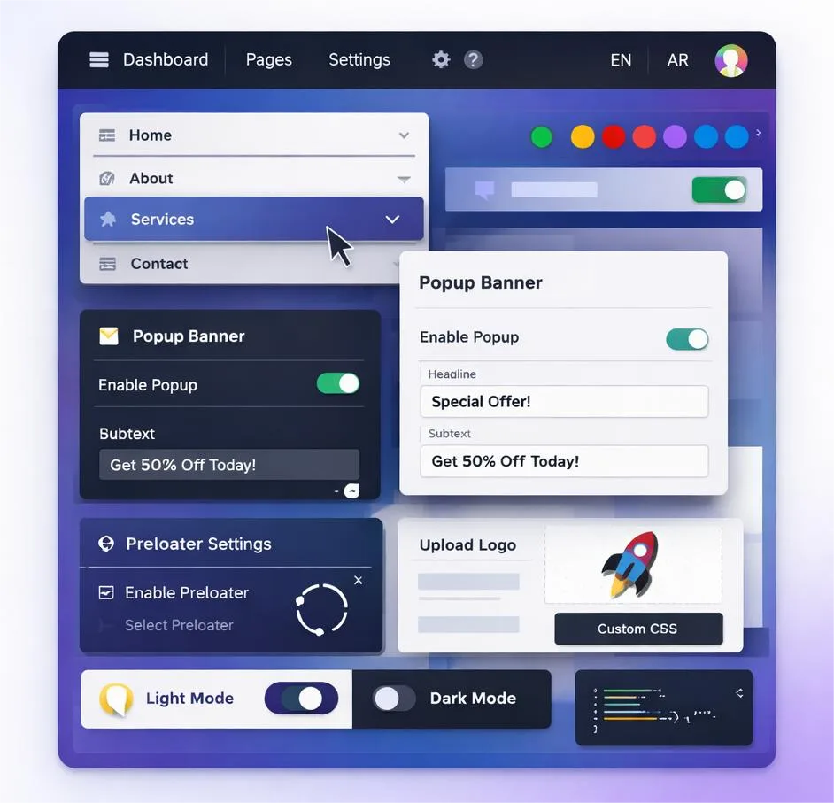 No-code visual design interface in RapBooster website builder